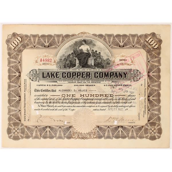 Lake Copper Company Stock Signed by William Paine [155780]