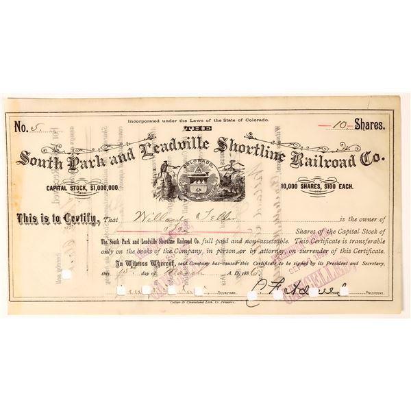 South Park & Leadville Shortline Railroad Co. Stock Issued to Willard ...