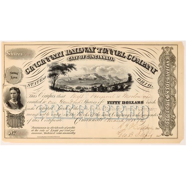 Cincinnati Railway Tunnel Co. Stock Signed by John C. Fremont [155778]