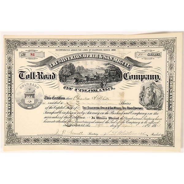 Silverton, Ophir & San Miguel Toll-Road Co. Of Colorado Stock Certificate [160288]