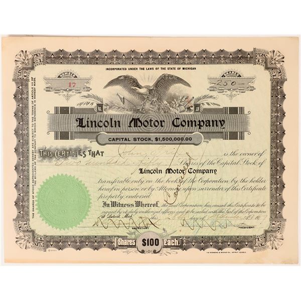 Lincoln Motor Company Stock Signed by Henry Leland  [155775]