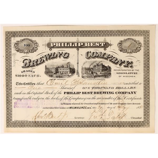 Phillip Best Brewing Co. Stock Certificate Signed by Frederick Pabst [155774]