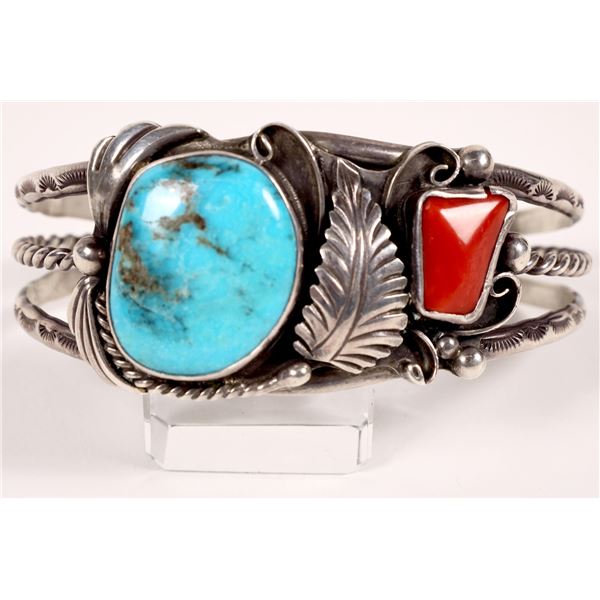 Turquoise, Red Stone and Silver Bracelet [160736]
