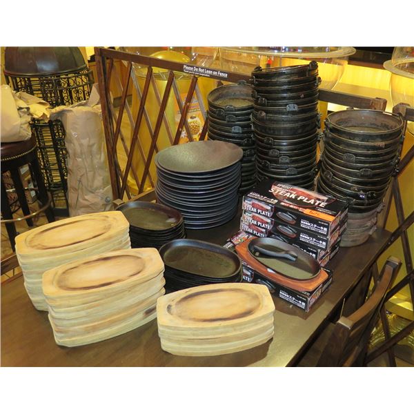 Multiple Serving Dishes: Black Plates, Sprout Iron-Casting Steak Plates, Wooden Trays, etc