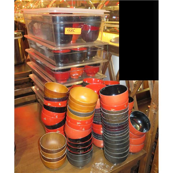 Multiple Red & Black Bowls w/ Some Storage Bins