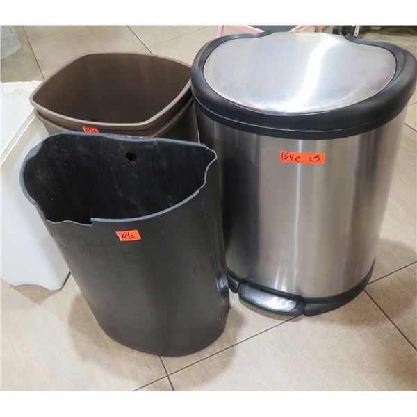 Qty 4 Brown Waste Receptacles & Metal Can w/ Lid & Foot Pedal