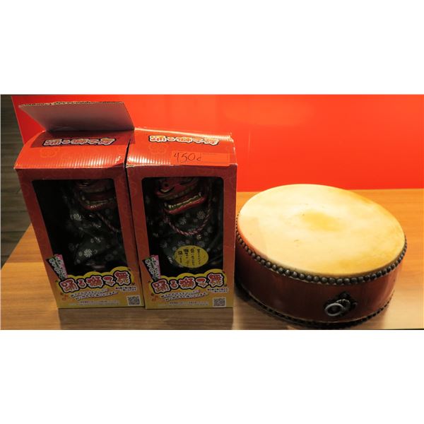 Qty 2 Dancing Lions New in Box & Round Drum