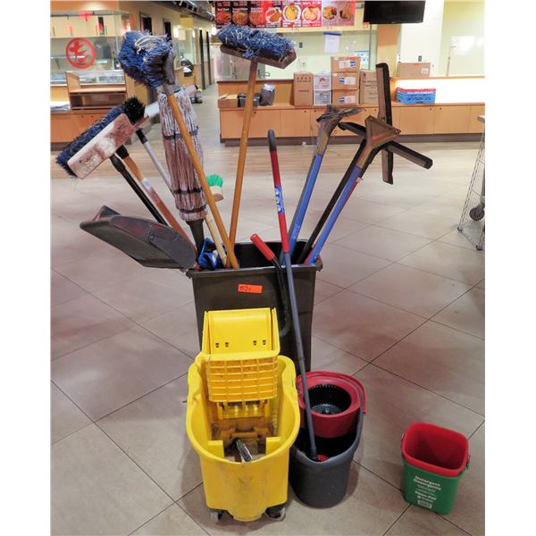 Multiple Mops, Brooms, Squeegees, etc in Plastic Waste Receptacles & Mop Bucket