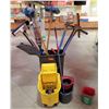 Image 1 : Multiple Mops, Brooms, Squeegees, etc in Plastic Waste Receptacles & Mop Bucket