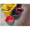 Image 7 : Multiple Mops, Brooms, Squeegees, etc in Plastic Waste Receptacles & Mop Bucket