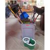 Image 1 : Multiple Mops, Brooms, etc in Plastic Waste Receptacles & Mop Bucket
