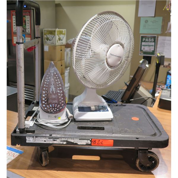 Table Fan & Iron on Rolling Cart