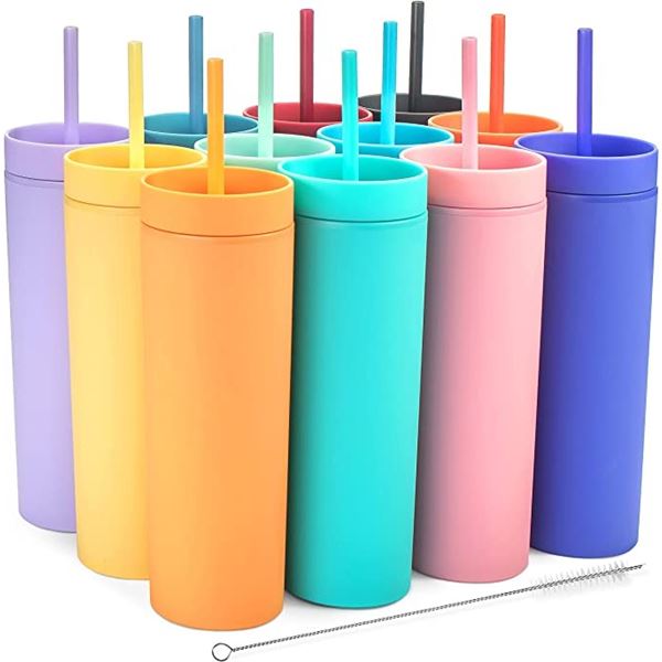 NEW CASE OF 12 SKINNY TUMBLERS - 16 OZ DOUBLE WALL