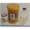 Image 1 : VINTAGE QUAKER OATS TIN, SKULL BOTTLE