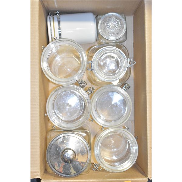 BOX OF 7 ASSORTED GLASS JARS