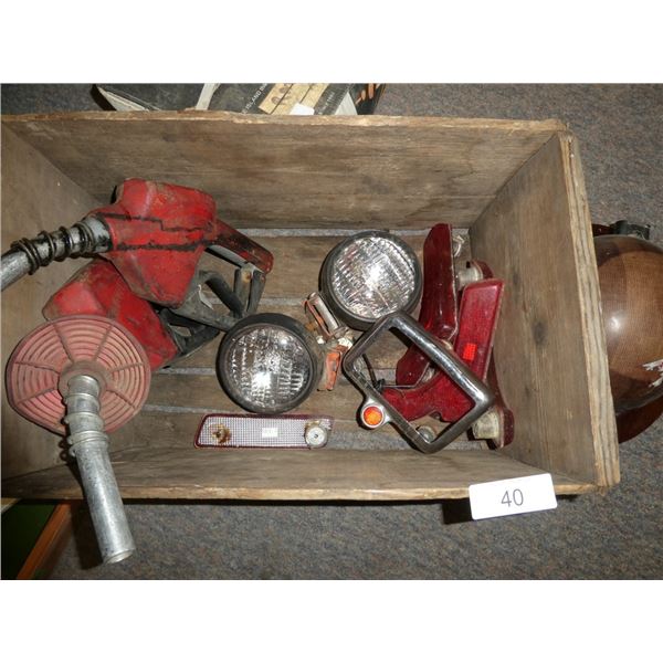 wooden box, reflectors, nozzles, safety helmet