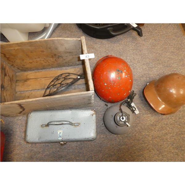 wooden crate, safety helmets, metal box
