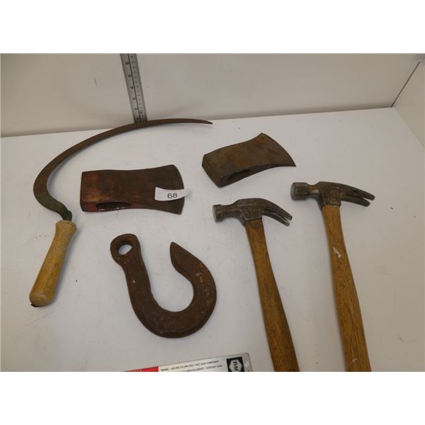 hammers, axe heads, hook, sickle