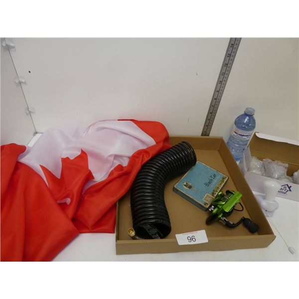Canadian flag, fishing reel, hose