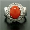 Image 7 : 14k White Gold Oval Cabochon Red Coral Ring w/ 2.10 ctw Diamond Halo