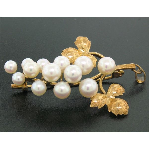 Detailed 14K Yellow Gold Graduated Pearl Grape Cluster Etched Brooch or Pendant