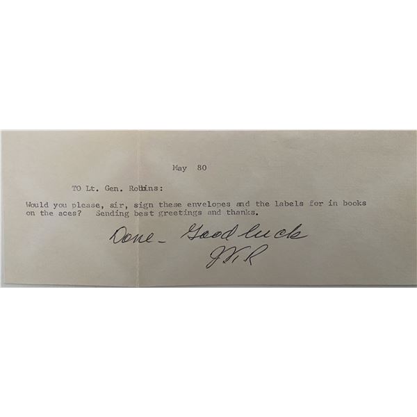 WWII Lt. Gen. Jay T. Robbins signed note