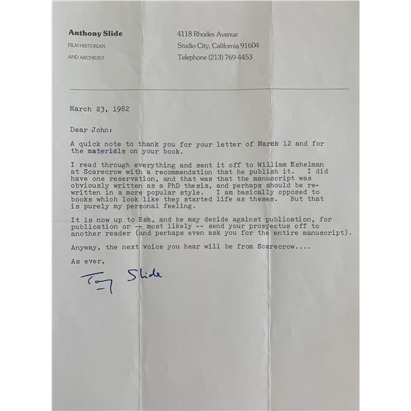 Anthony Slide Signed Letter