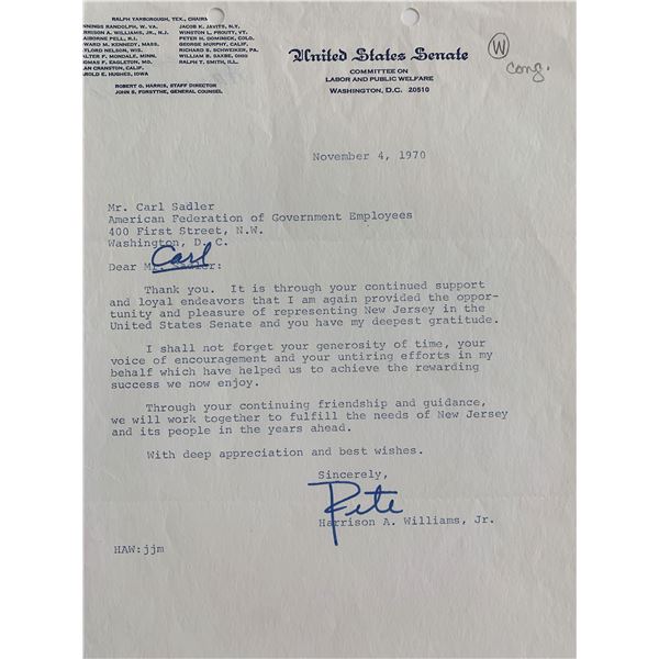 Senator Harrison A. Williams Jr. Signed Letter