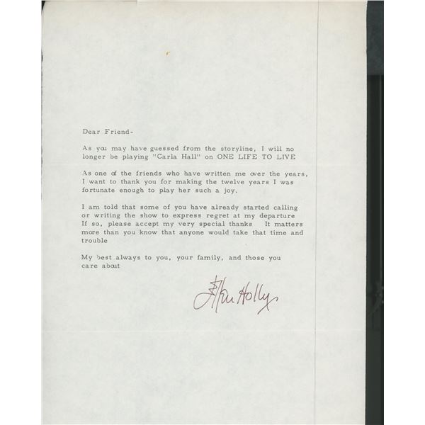 Ellen Holly signed letter