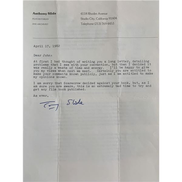 Anthony Slide Signed Letter