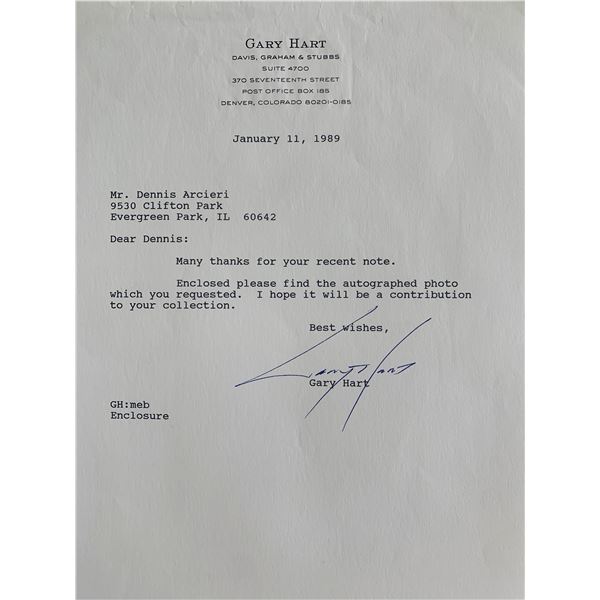 Congressman Gary Hart Signed Note