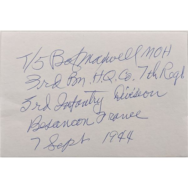 WWII Medal of Honor Recipient Robert D. Maxwell signed note