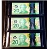 Image 1 : BANK of CANADA $20.00 2012. A Lot of 3 RADAR Notes