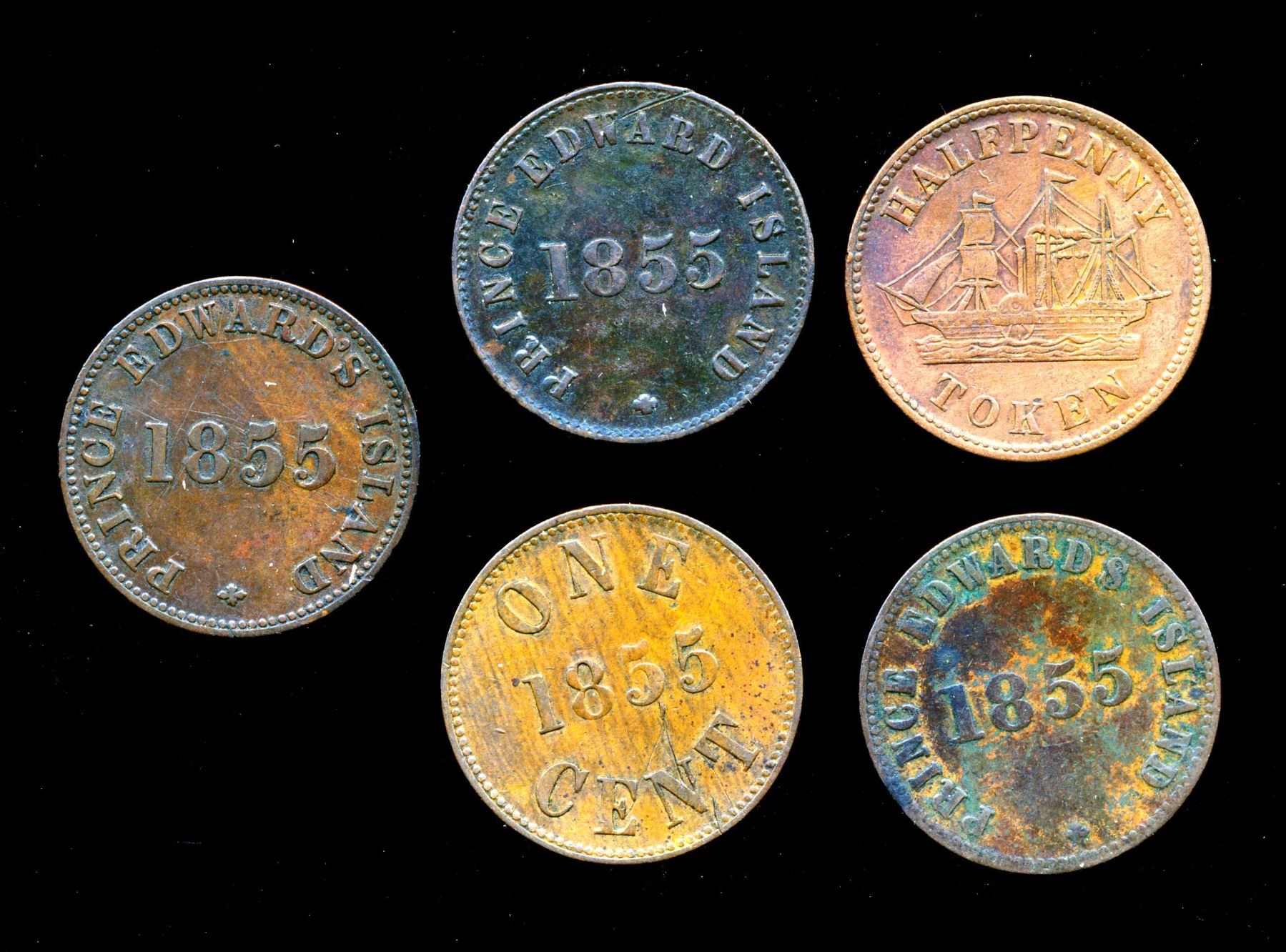 Canadian Token CANADA TOKENS 1855. A Lot of 5 PEI Tokens, Fine-Very Fine