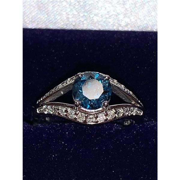 10 K White Gold Ladies Rare Blue Diamond Solitaire 1.01Carat  Ring with 26 side diamonds Appraisal