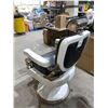 Image 5 : Antique - 1930s Emil J. Paider Barber Chair with Black Leather Upholstery and White Porcelain, Recli