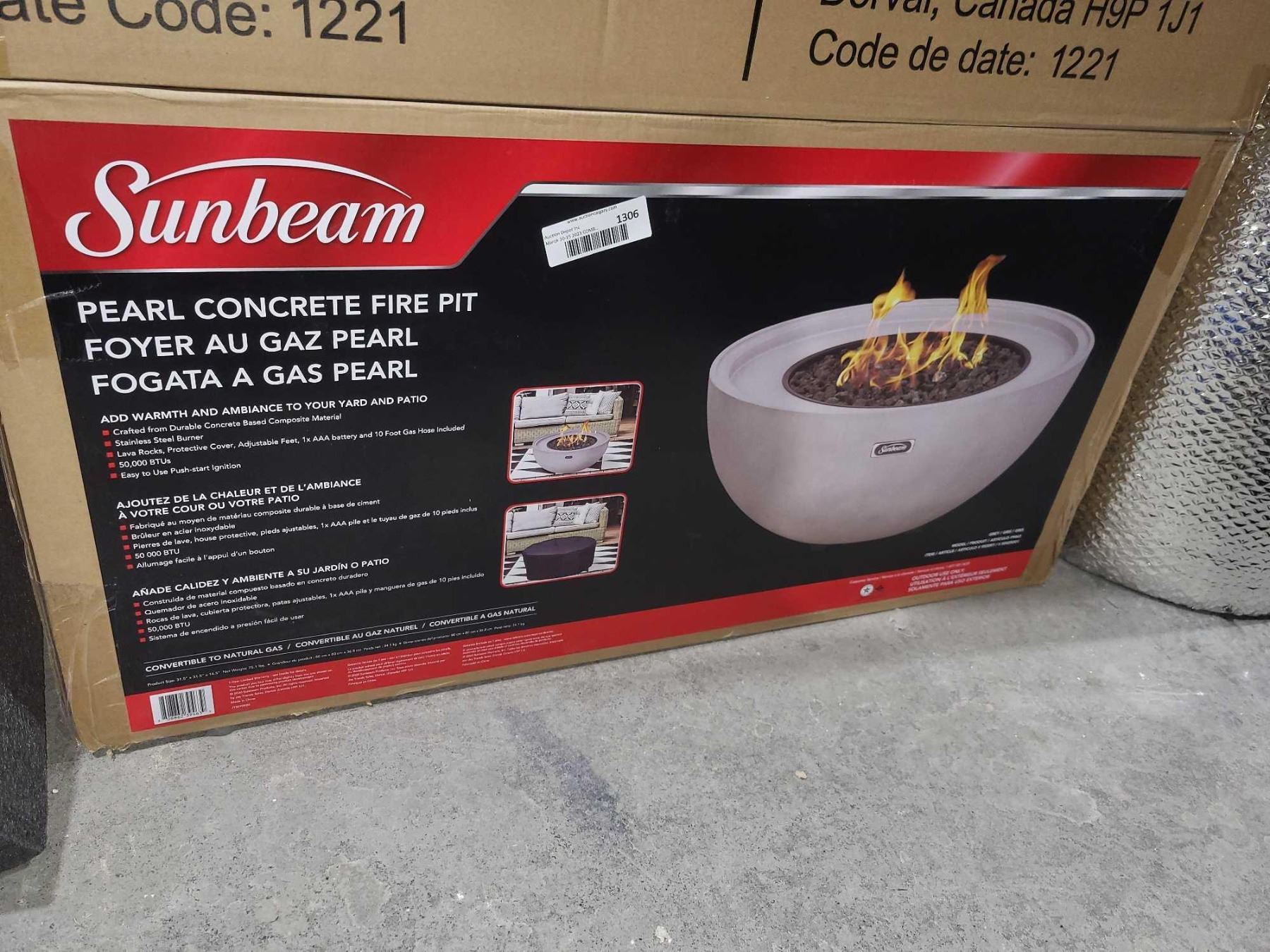 Sunbeam Pearl Concrete Fire Pit 31.5x31.5x14.5" Convertible to