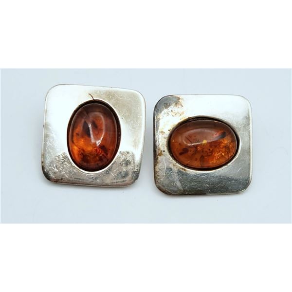 VINTAGE SET OF STERLING CLIP ON BALTIC AMBER