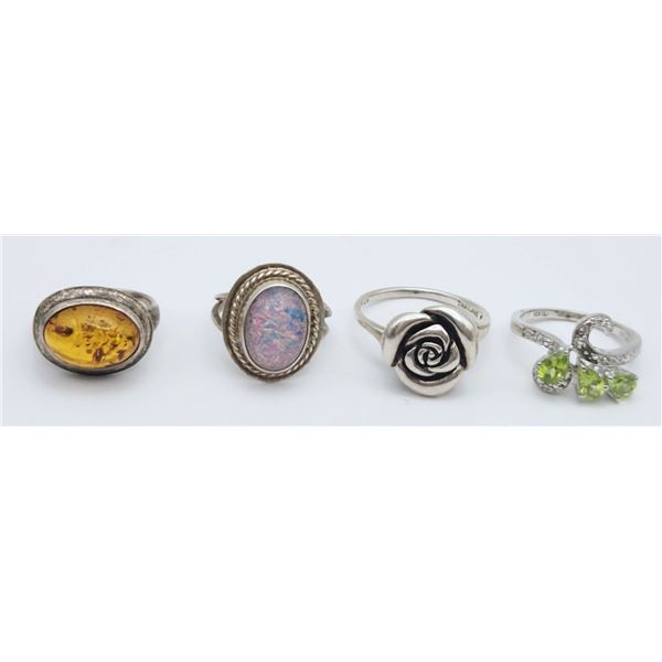 (4) STERLING RINGS - (1) BALTIC AMBER (1) OPALITE