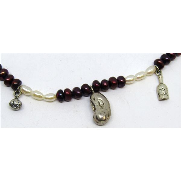 .925 NECKLACE WHITE MAROON BEADS + CHARMS