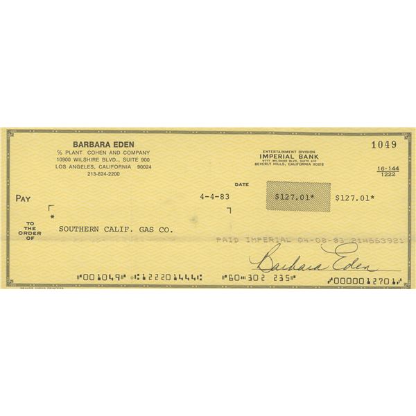 Barbara Eden I Dream of Jeanie  signed check