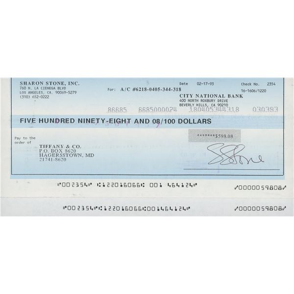 Sharon Stone signed check