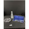 Image 1 : Gorgeous Crystal Decanter -11" T, Footed Platter & Cased Community Silverplate Carving Set