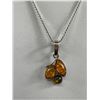 Image 2 : Lovely Vintage .925 Sterling Silver Chain w/ 3 Amber Stone (Genuine) Pendant 18" Chain .925