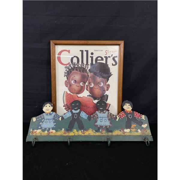 Vintage Lot. Collier's Framed Print Approx 12"x15" & Key/Utensil Holder Black Americana