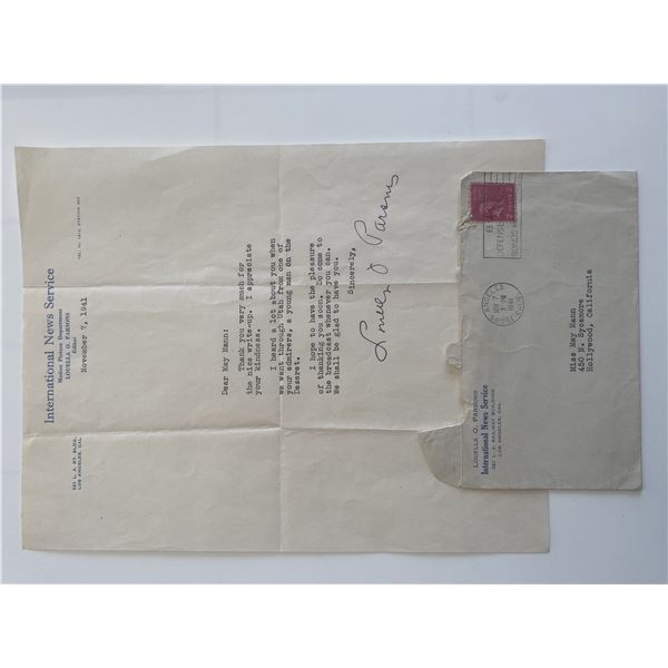 Louella Parsons signed note with First Day Cover