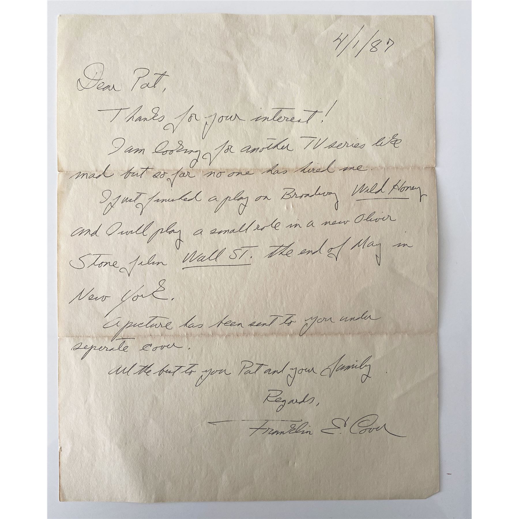 Actor Franklin Cover signed letter