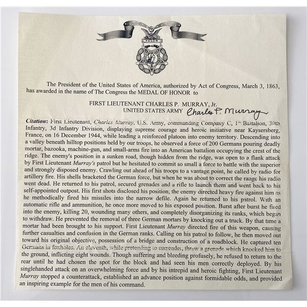 Charles P. Murray Jr. signed Medal of Honor letter