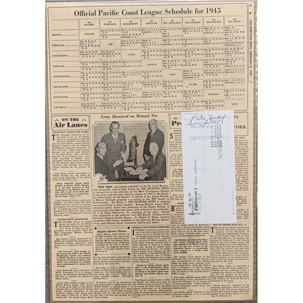 Pete Gray signed check with vintage newspaper