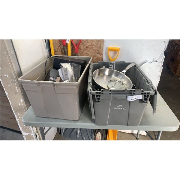 2 TOTES OF KITCHEN ITEMS, KNIVES IN KNIFE BLOCK, SPEAKERS